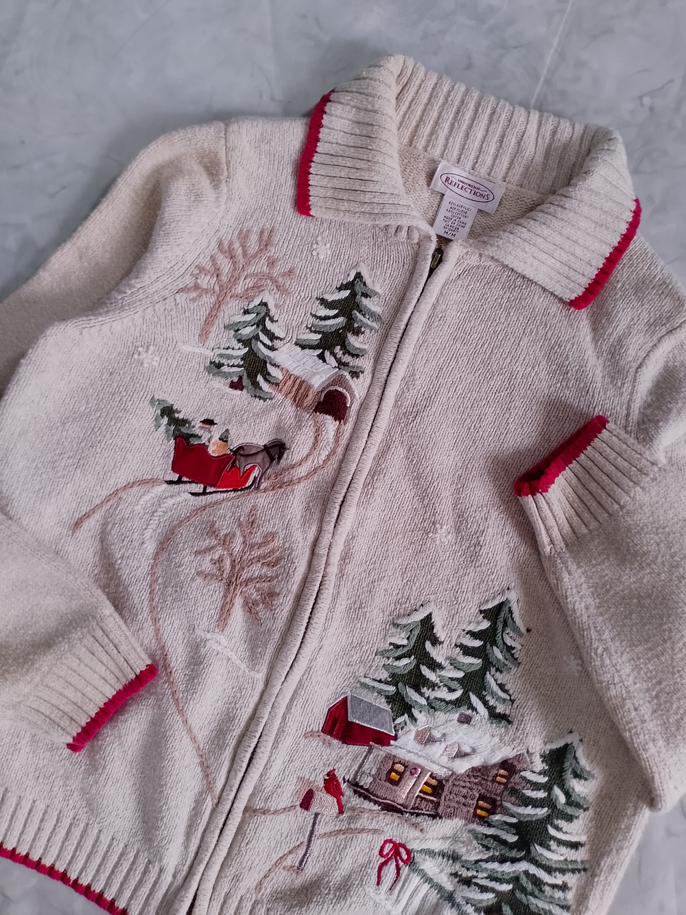 Vintage Cozy Cream Winter Scene Zip-Front Sweater Winterscape - Picture 3 of 10